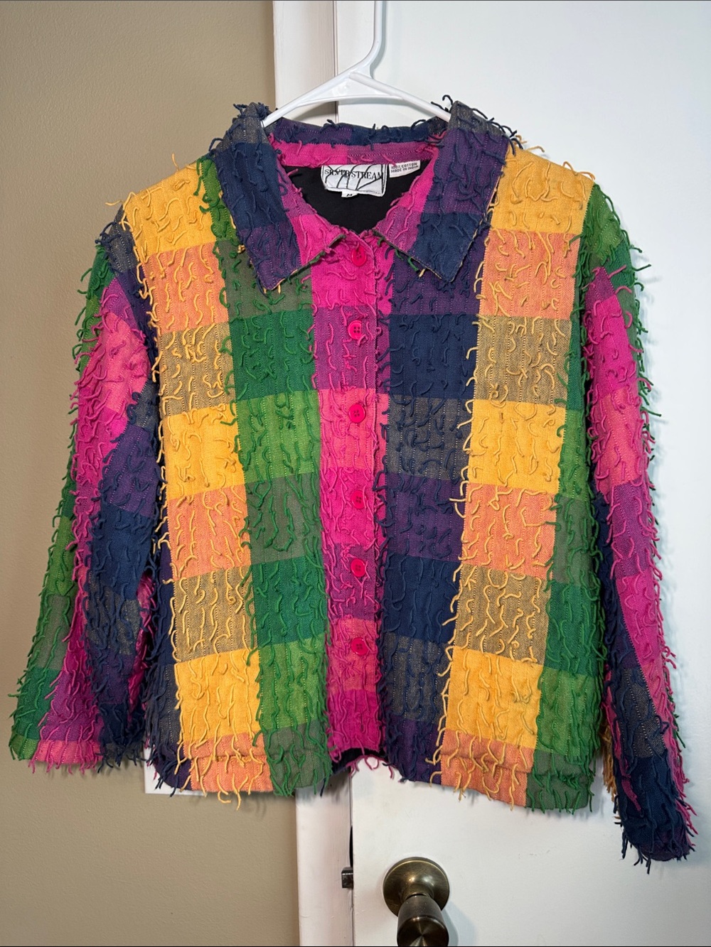 90’s Retro SilverStream Shaggy Shirt Jacket Size M 100%Cotton Patchwork Fringe